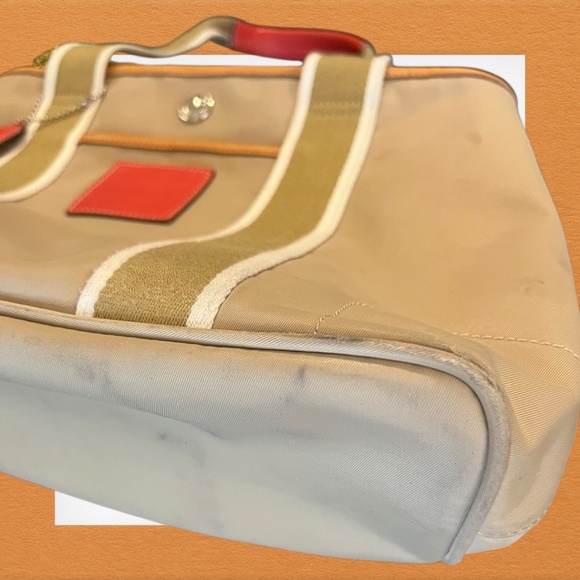 Authentic Coach Nylon Red Leather Trim Tote Bag Style 5656 Tan Shoulder Purse - Picture 9 of 16